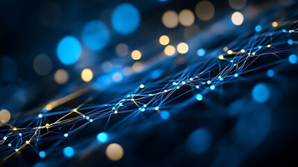 Abstract digital network with glowing blue and yellow lights creating an interconnected web : Generative AI