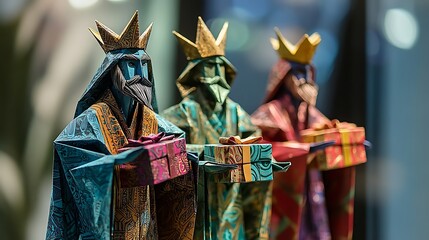 Naklejka premium Origami Three Wise Men, festive display, gifts, cultural art