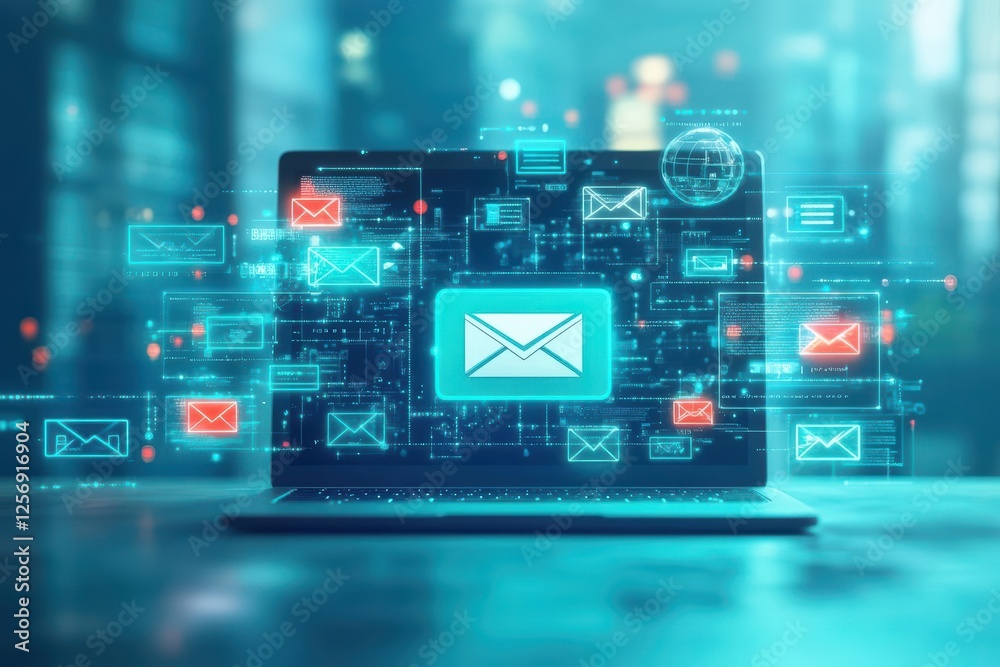 Poster Laptop with multiple email icons displayed on the screen in a modern workspace setting