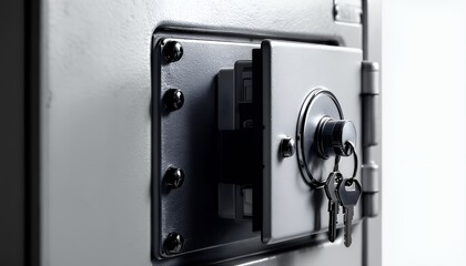 Steel grey safe with key and lock open on a white background the steel door with a lock key for the safe and key for a security system in white background