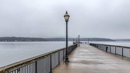 Serene waterfront pier under cloudy skies with distant hills and calm water reflections