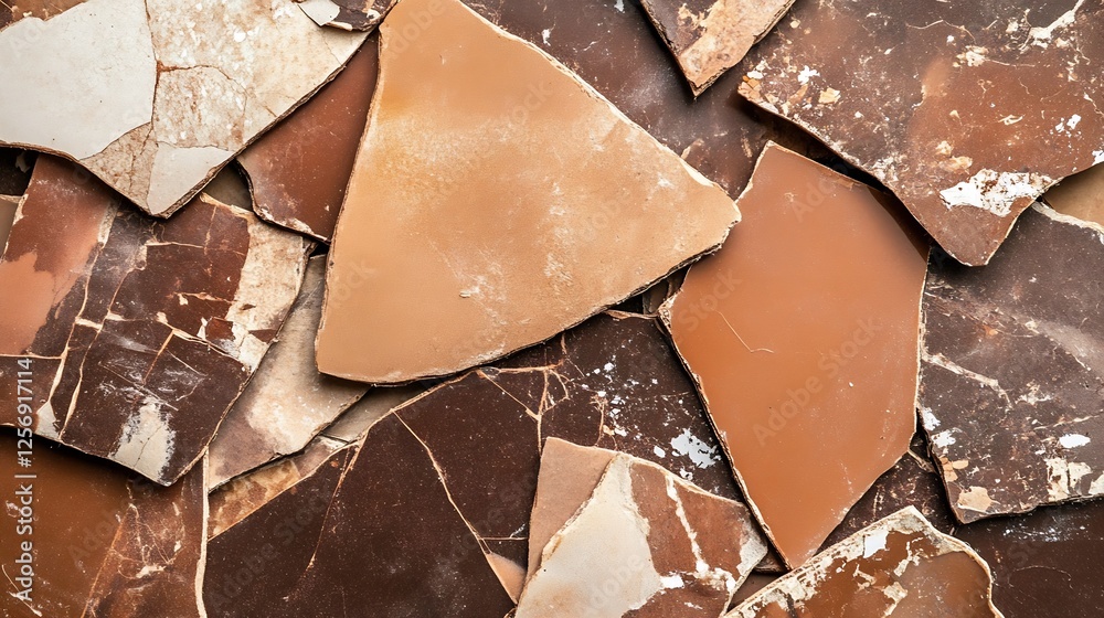 Aufkleber A closeup view of beautifully arranged earthy toned broken tiles creating an abstract mosaic pattern : Generative AI