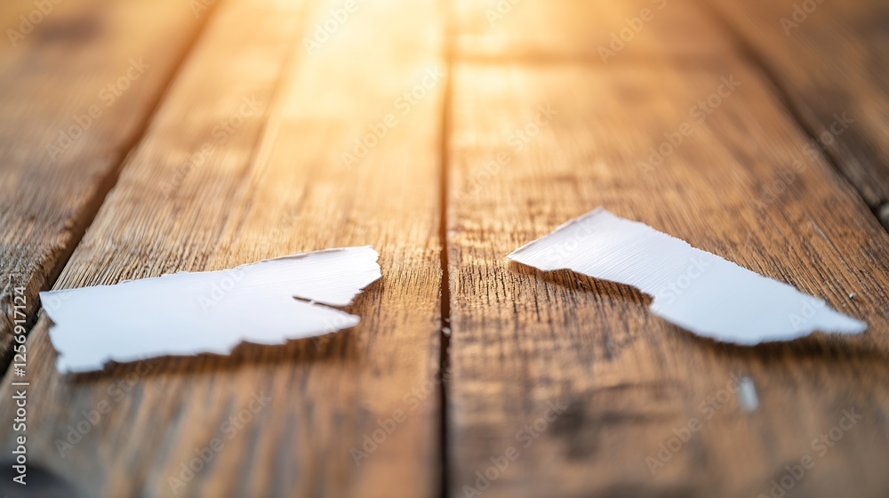 Aufkleber two distinct pieces of paper torn apart resting on an aged wooden surface symbolizing separation and