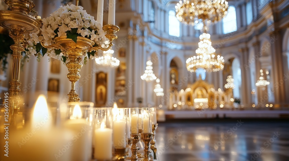 Poster elegant interior view of a beautifully lit church with ornate details and flickering candles creatin