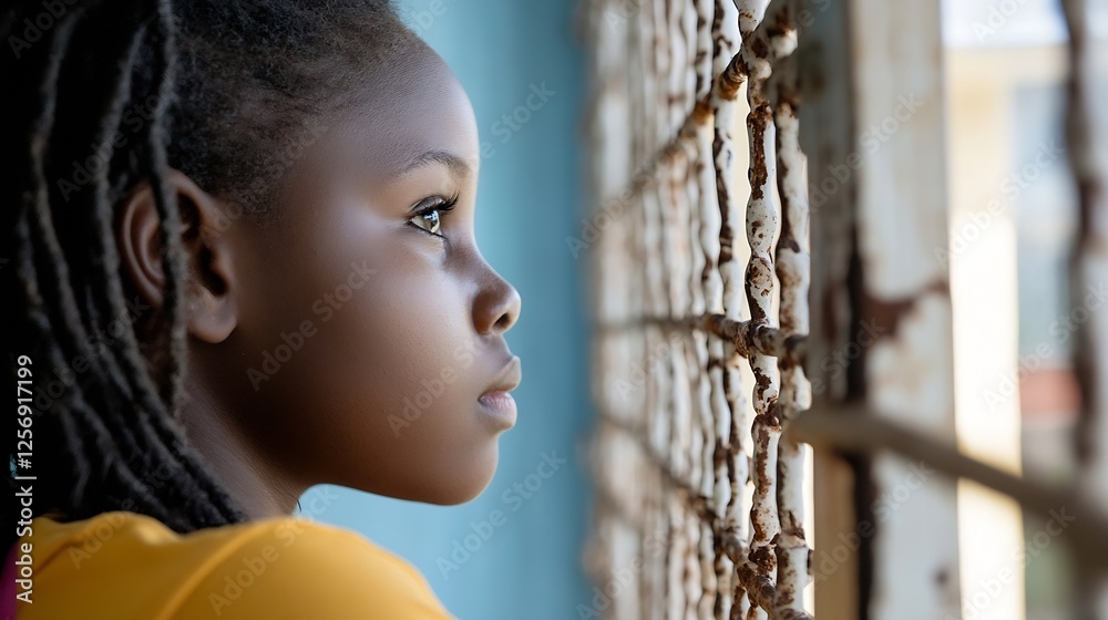 Aufkleber closeup profile of a young girl gazing out of a barred window with a thoughtful expression reflectin
