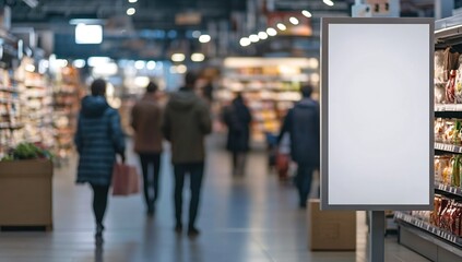 Obraz premium Blank Signage in Supermarket Aisle Shows Shoppers Walking Past Advertisement Space Inside Grocery Store