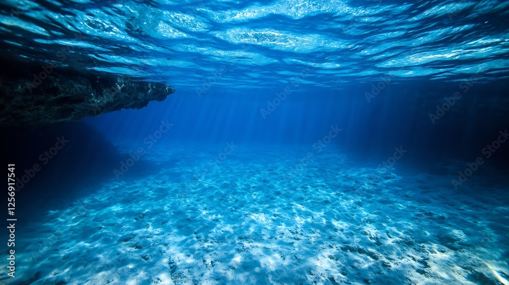 Aufkleber Underwater view showcasing clear ocean waters with beams of light creating an enchanting atmosphere : Generative AI