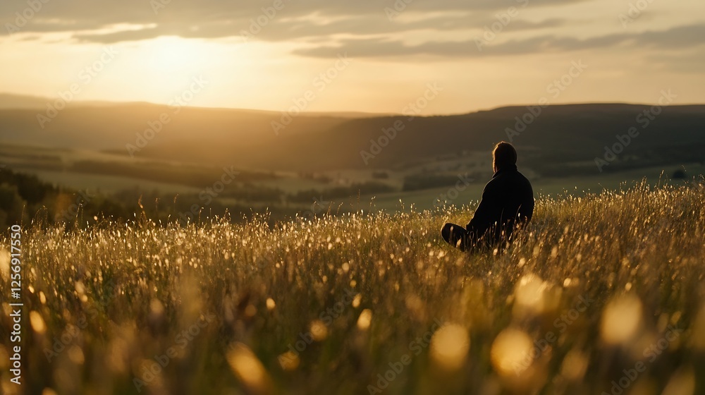Poster contemplative individual sitting amidst a beautiful golden sunset in an open field : generative ai