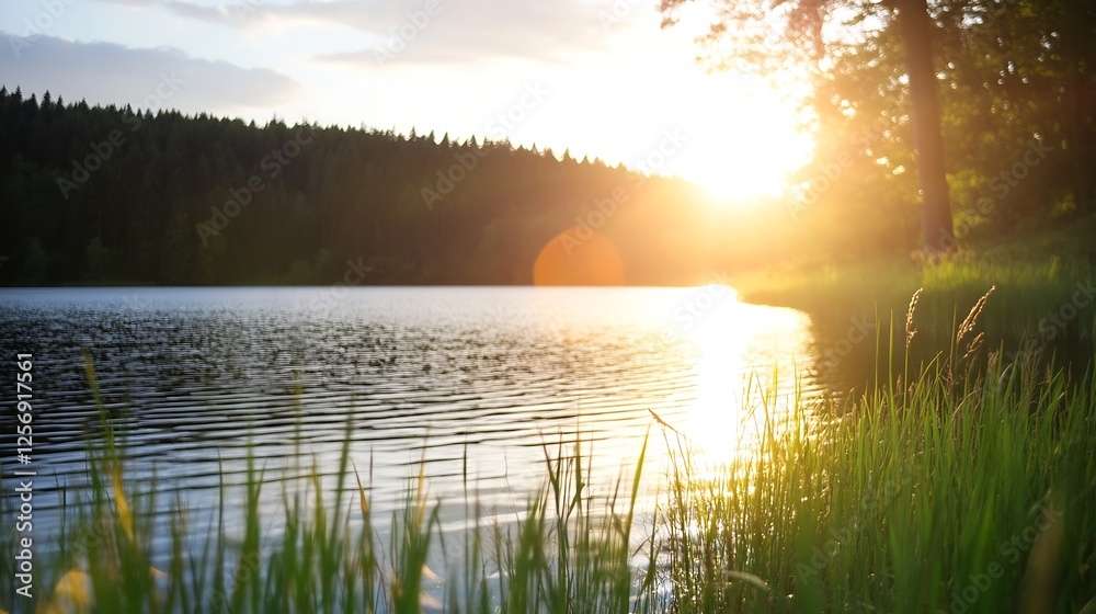 Poster serene lakeside view at sunset with sunlight reflecting on the water surface surrounded by greenery 