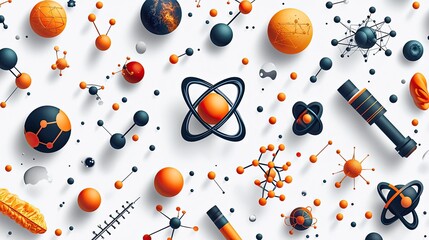 Colorful scientific illustration featuring various atomic structures and celestial bodies on a white background