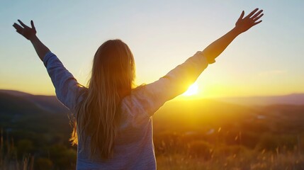Joyful woman celebrating the sunset with arms outstretched against a vibrant sky : Generative AI