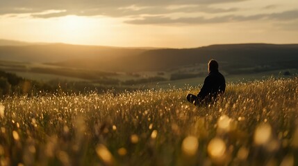 Contemplative individual sitting amidst a beautiful golden sunset in an open field : Generative AI