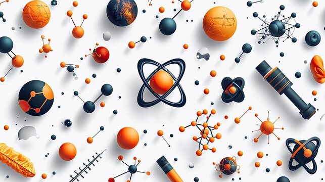 Colorful scientific illustration featuring various atomic structures and celestial bodies on a white background