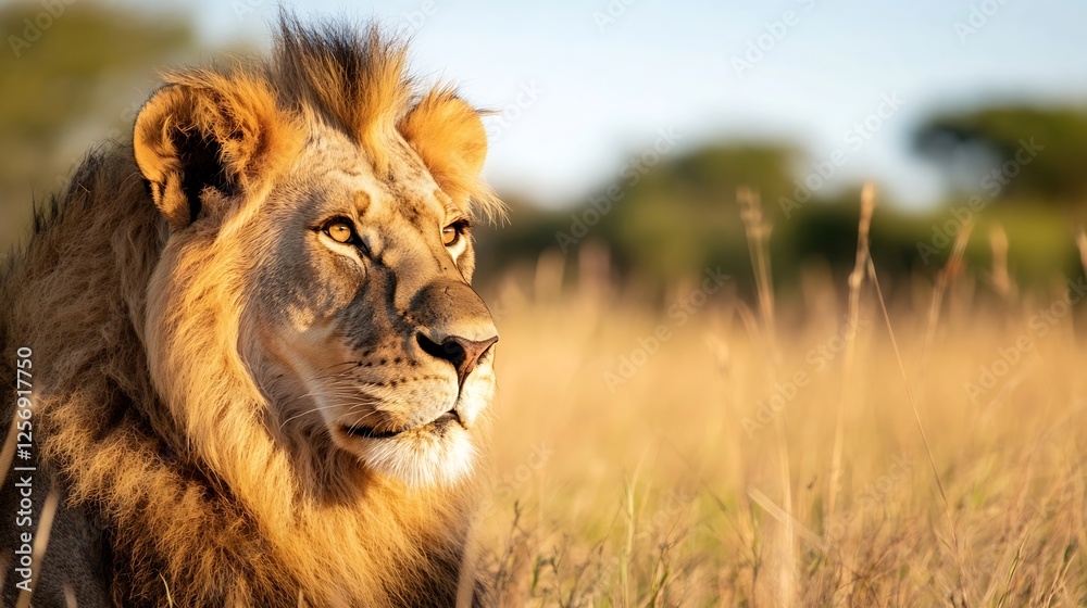 Poster a majestic lion resting in golden grass under the soft sunlight in the wild : generative ai