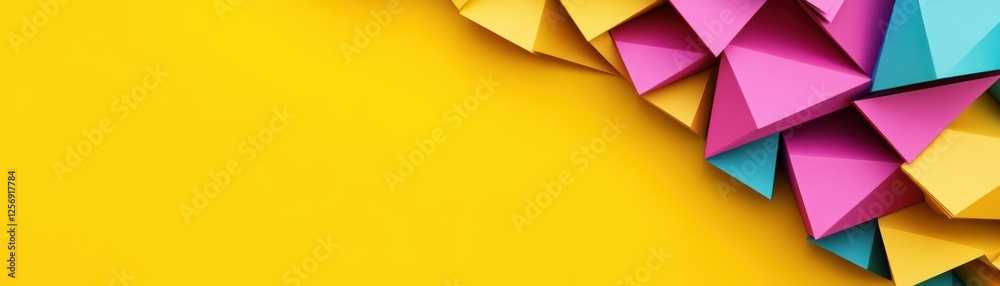 Poster colorful paper triangles arranged on a bright yellow background creating an abstract art design