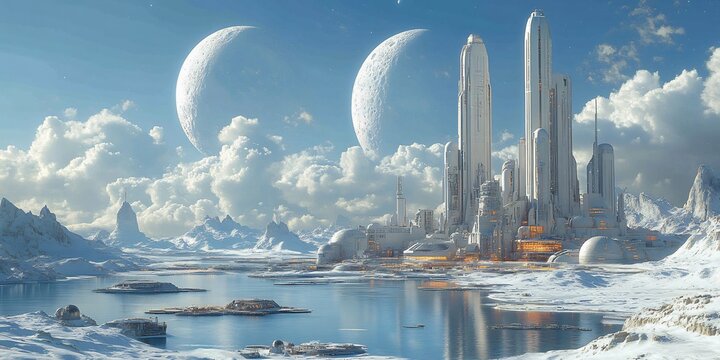 Futuristic Cityscape on a Frozen Planet with Twin Moons