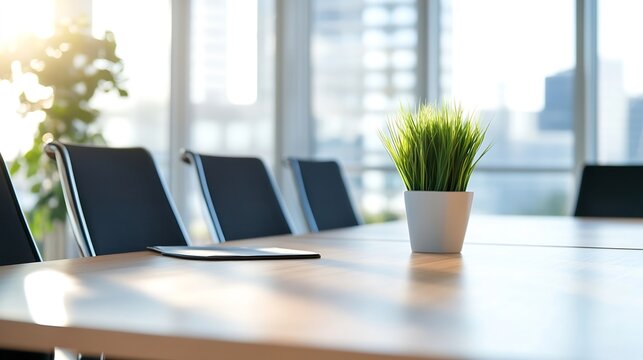 Elegant Conference Room Setup Featuring a Green Plant Centerpiece on a Modern Table : Generative AI
