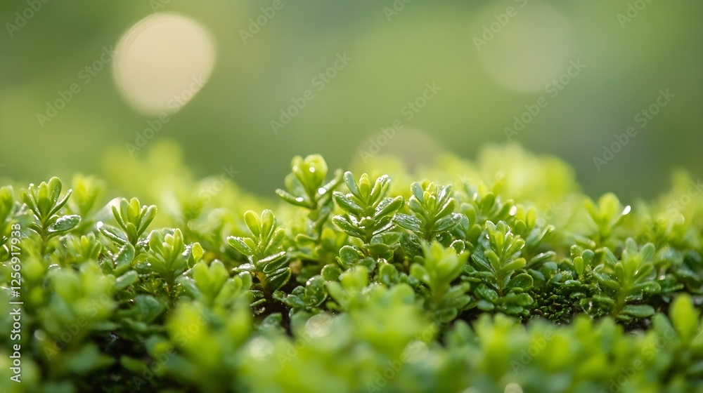 Aufkleber close up of vibrant green plants with dew drops glistening under soft natural light in a serene sett