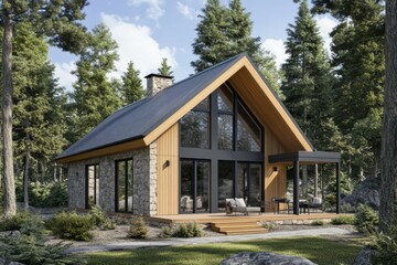 This contemporary cabin, beautifully positioned in a vibrant forest, features remarkable architectural design and highlights its stunning natural surroundings under the radiant daylight