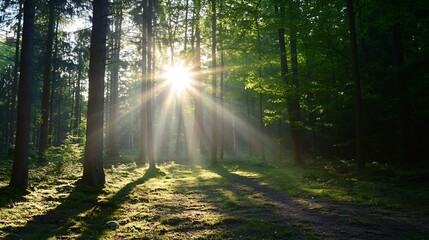 Obraz premium Majestic sun rays streaming through a lush green forest illuminating the tranquil atmosphere : Generative AI