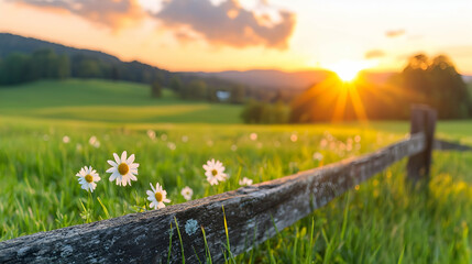 Fototapeta premium Sunset over field of daisies, wooden fence, idyllic rural scene, perfect for travel brochures