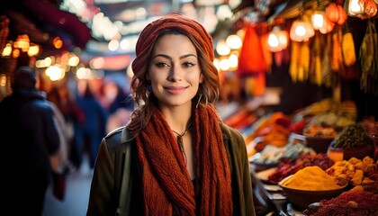 Obraz premium Smiling woman exploring a colorful spice market with warm lights