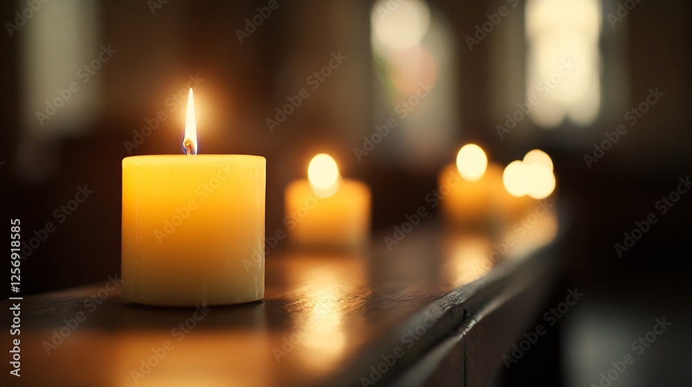 Aufkleber illuminated candle on wooden surface with soft focus and warm ambiance : generative ai
