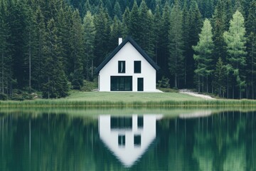 Obraz premium A modern white house gracefully reflects in the tranquil waters of a calm lake, which is encircled by towering green trees in a peaceful summer mountain landscape