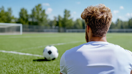 soccer player sits on field, preparing for free kick with focus and determination