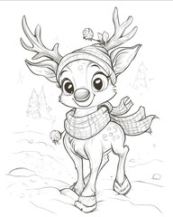 Obraz premium cute reindeer coloring pages for kids theme christmas no background crisp lines cartoon black and white no shading thick lines low detail
