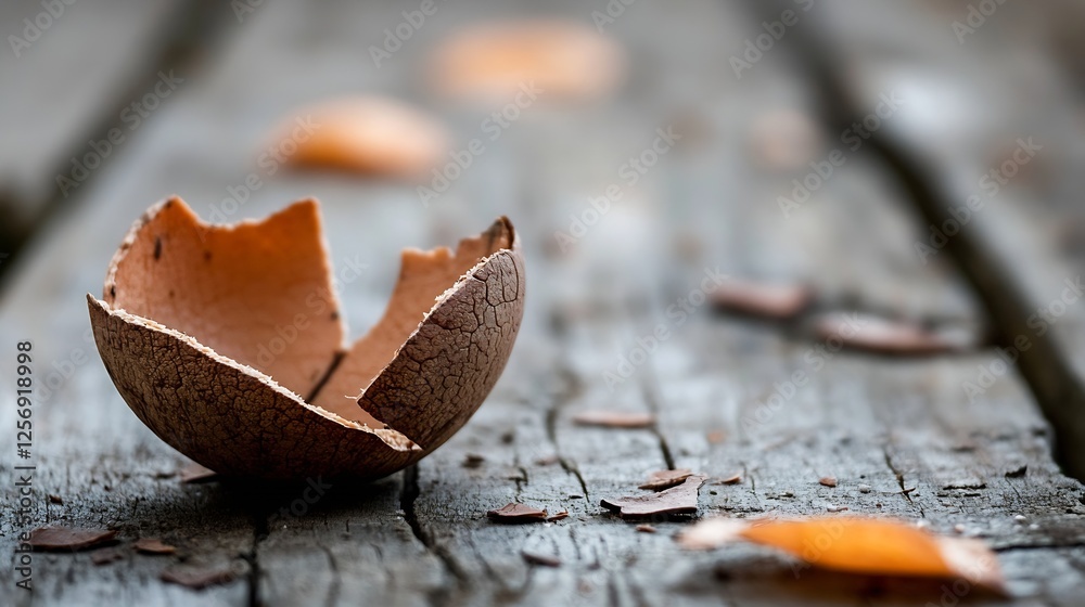 Poster scattered eggshell fragments on aged wooden surface highlighting nature's cycle : generative ai