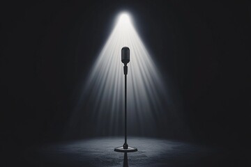Spotlight Shines on a Classic Microphone: A Stage Ready for Performance, Captivating and Dramatic