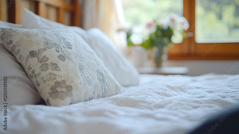Poster cozy bedroom setting with soft pillows and natural light streaming through a window : generative ai