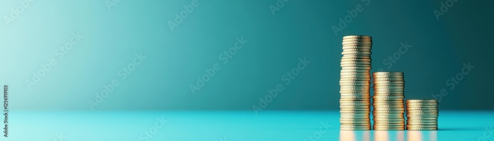Aufkleber stacks of coins arranged neatly on a blue background showcasing currency and financial concepts