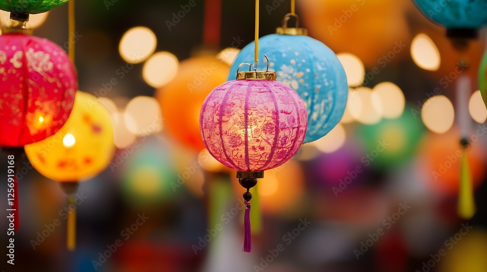Poster colorful lanterns hanging at a festival creating a warm and inviting atmosphere : generative ai