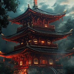 Obraz premium a traditional Japanese pagoda, showcasing its intricate, multi-tiered roof with elegant upward curves. The red and gold accents gleam under a moody, overcast sky, while soft ambient lighting enhances 
