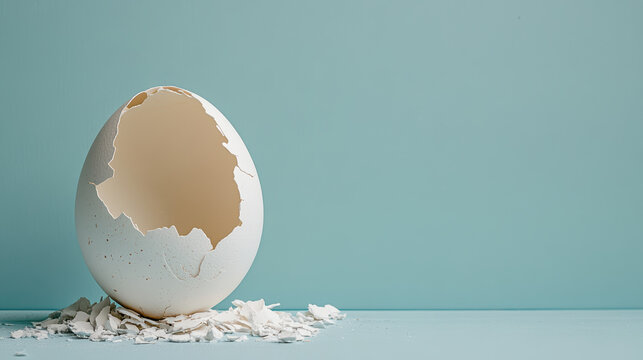 cracked egg shell with pieces scattered on blue background