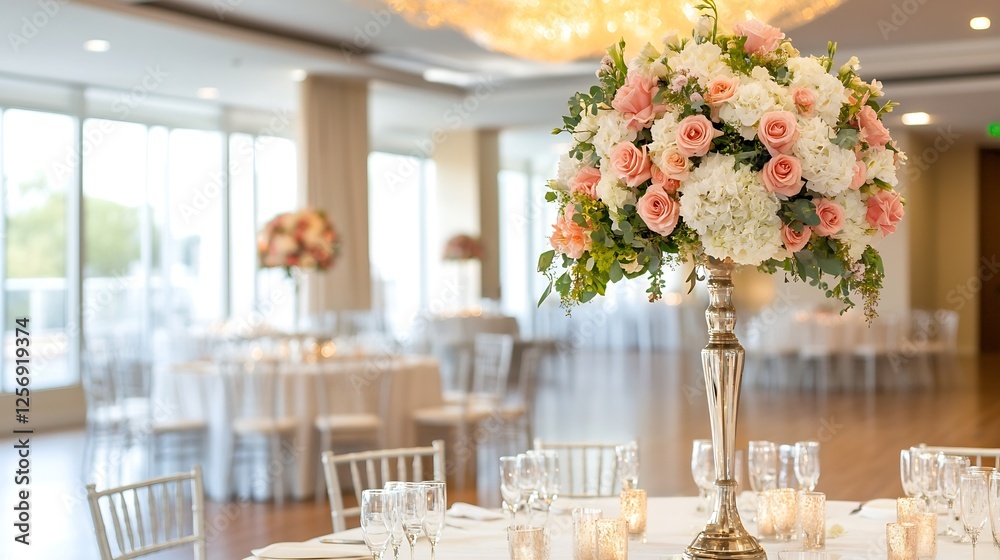 Aufkleber charming event setup with floral centerpieces and soft light in a spacious dining area : generative 