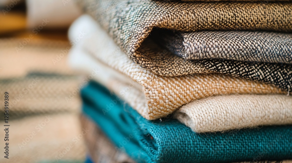 Poster soft and cozy stack of stylish woven textiles in neutral tones and vibrant colors : generative ai