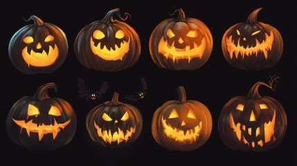 Ten halloween pumpkins glowing on a black background with bats flying between them