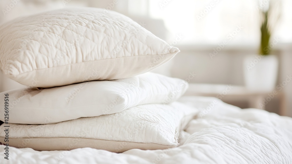 Poster Stack of soft white pillows on a neatly made bed creating a cozy and inviting atmosphere : Generative AI