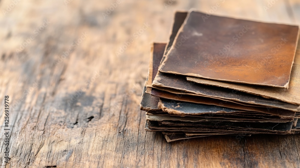 Poster assorted leather pieces stacked on wooden surface highlighting texture and craftsmanship : generativ