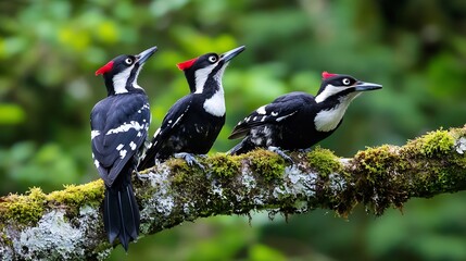 Three striking woodpeckers perched on a mossy branch with vibrant red caps in the lush forest : Generative AI