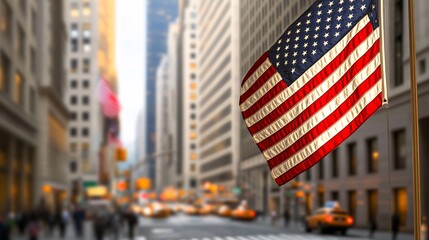 American flag waving in new york city with blurred traffic