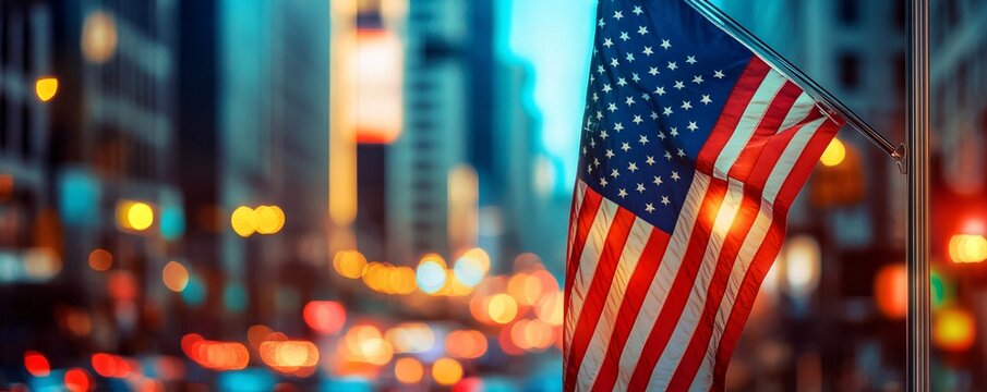 American flag waving over blurry city street at twilight