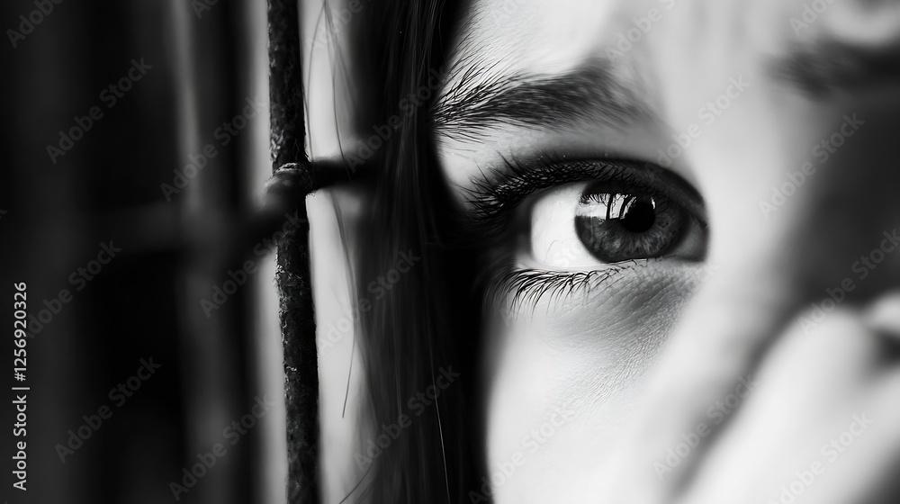 Poster intense close up of a girl's eye conveying emotions of sadness and longing through the bars : genera