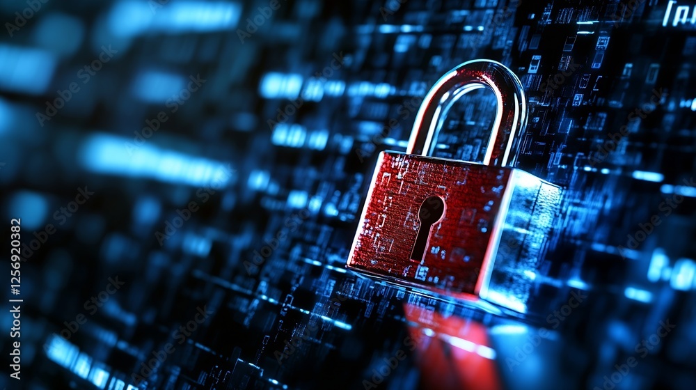 Poster High tech digital padlock over a background of binary codes representing cybersecurity concepts : Generative AI