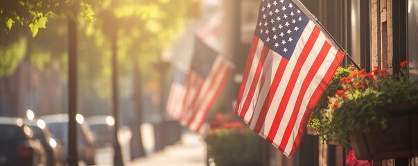 American flags waving on a sunny city street