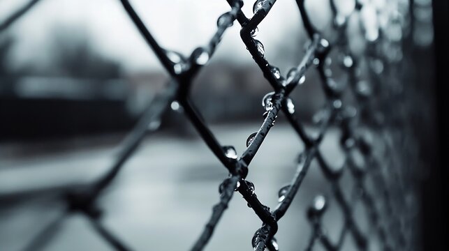 Raindrops delicately resting on a chainlink fence with a contrasting dark background : Generative AI