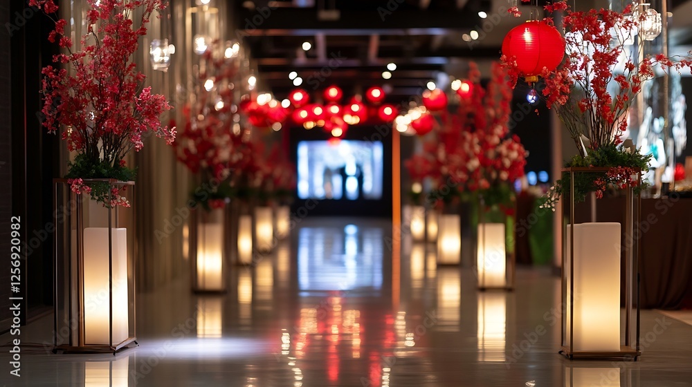 Poster beautifully decorated hallway illuminated with red lanterns and floral arrangements creating a festi
